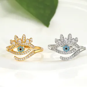 Evil Eye Adjustable Open Ring For Women Gold Silver Plated Copper Cubic Zirconia Eyelash Fashion Jewelry Lucky Finger Ring