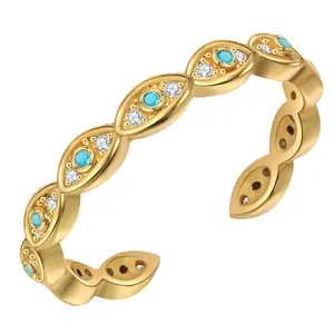 Gold Evil Eye open ring with turquoise stones and cubic zirconia accents in 45-degree view
