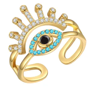 Creative double layer gold-plated Evil Eye open ring with blue and white zircons