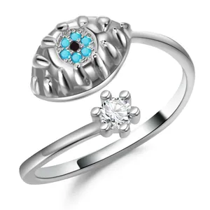 Retro evil eye open ring with blue stone and round zircon in silver metal finish