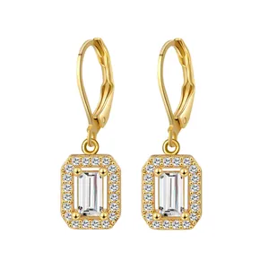 Elegant gold leverback earrings featuring rectangle zirconia and micro-pave setting