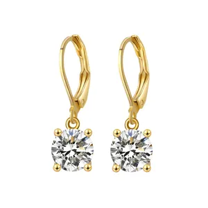Boucles d'oreilles plaquées or avec fermoir levier et oxyde de zirconium blanc rond à griffes