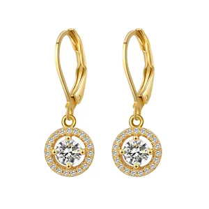 Klassische goldene Lever-Back-Ohrringe mit rundem Halo-Kristallanhänger und funkelndem Besatz