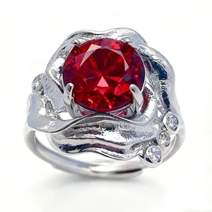 Luxurious Copper Flower Open Ring With Round Synthetic Gemstone Red Blue Green Zirconia Inlaid Adjustable Jewelry For Women