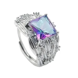 Princess sea blue rhombus zircon adjustable ring with sparkling colorful main gemstone