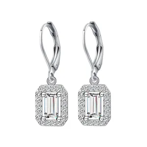 Elegant emerald-cut crystal earrings in polished silver setting with lever-back closure