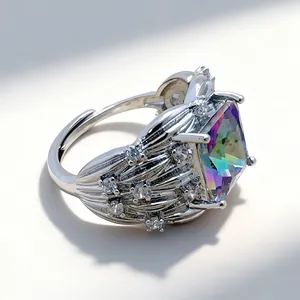 Detailed macro view of sea blue square zircon ring with feather texture and silver band