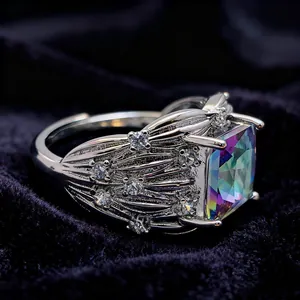 Princess sea blue square zircon ring in elegant silver setting with adjustable band