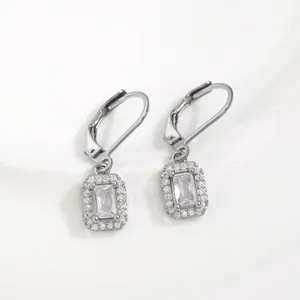 Silver rectangle geometric earrings with sparkling zircon stones and lever-back hooks