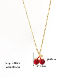 Exquisite gold-plated cherry pendant necklace with cubic zirconia leaves on white background