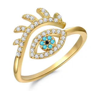 Macro detail of gold-plated evil eye ring with blue stones and shimmering white zircons
