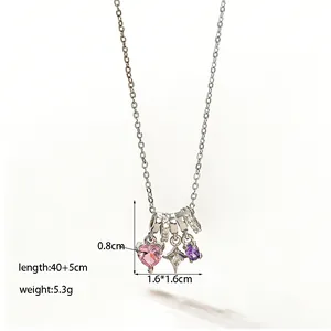Detailed view showing necklace dimensions with pink heart and purple round gemstones