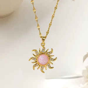 Luxury Stainless Steel Sunflower Pendant Necklace Pink Synthetic Opal Zirconia Inlaid Gold Plated Choker Jewelry For Women