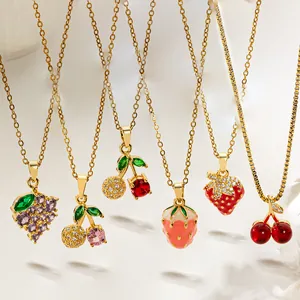 Korean Style Fruit Pendant Necklace Gold Plated Copper Zirconia Cherry Strawberry Grape Necklaces For Women Elegant Jewelry