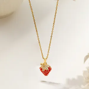 Exquisite 3D strawberry pendant necklace with red enamel and pavé cubic zirconia accents