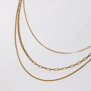Three-layer 18K gold plated stainless steel necklaces featuring paperclip and box chain styles
