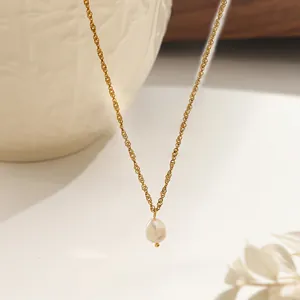 Elegant Gold Plated Titanium Steel Water Ripple Chain Necklace With Baroque Freshwater Pearl Pendant For Women Jewelry