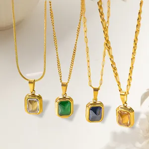 French Minimalist Zirconia Pendant Necklace For Women 18K Gold Plated Titanium Steel Emerald Cut Clavicle Chain Jewelry