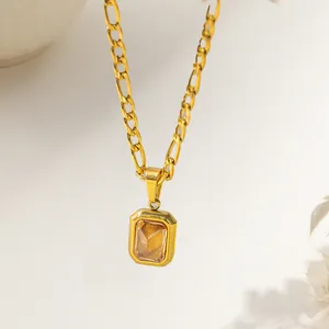 French minimalist 18k gold plated figaro chain necklace with rectangle amber zircon pendant