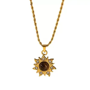 Collier avec pendentif tournesol en œil de tigre et chaîne torsadée dorée pour femme