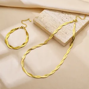 18K Gold Plated Stainless Steel Jewelry Set For Women Double Layer Twisted Herringbone Flat Snake Chain Necklace Minimalist Bracelet