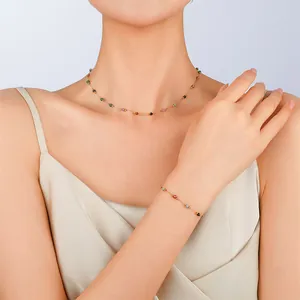 Minimalist 18K gold plated necklace and bracelet set with colorful natural stone beads