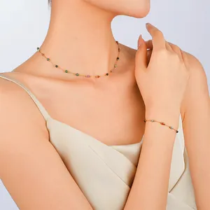 18K gold plated necklace and bracelet set with colorful natural stone beads on a model