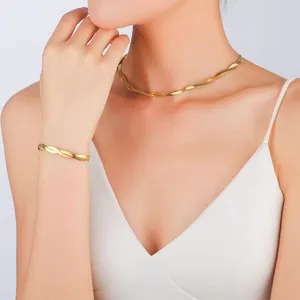 18K gold-plated double-layer flat snake chain necklace and bracelet set for women