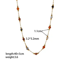 Slim gold necklace with colored beads, 40+5cm length, 3.6g weight, for layered look