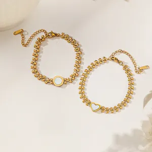 18K Gold Plated Titanium Steel Mother Of Artificial Pearl Bracelet For Women Leaf Chain Heart Round Shell Inlay Adjustable Jewelry