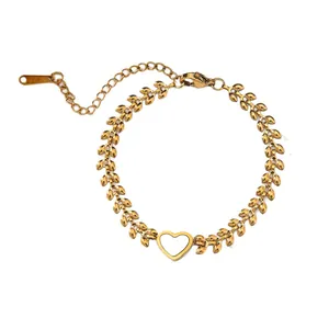Exquisite 18K gold plated heart bracelet featuring natural white shell and leaf chain design