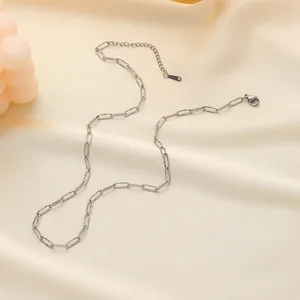 Detail of silver paperclip chain necklace with textured links and lobster clasp closure