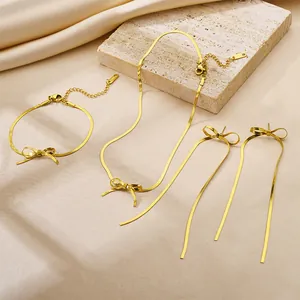 Minimalist Stainless Steel Bowknot Snake Chain Necklace Tassel Earrings Bracelet Set For Women Gold Silver Jewelry