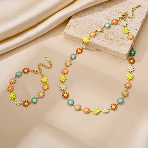 Colorful enamel daisy flower necklace and bracelet jewelry set in gold finish