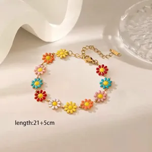 Detailed macro view of colorful daisy anklet with gold plating and adjustable length clasp