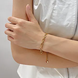 Elegant 18K gold-plated stainless steel link chain bracelet with a round charm