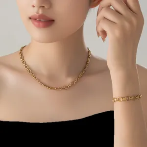 Fashion 18K gold plated stainless steel necklace and bracelet set with oval links