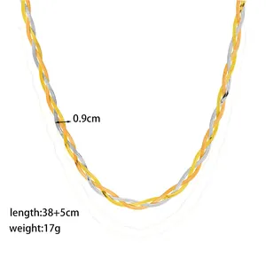 Flat braided titanium steel necklace in gold and silver mix, 9mm width and 38cm length