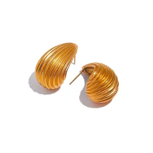 Golden stainless steel lava drop earrings with elegant pleated texture for women