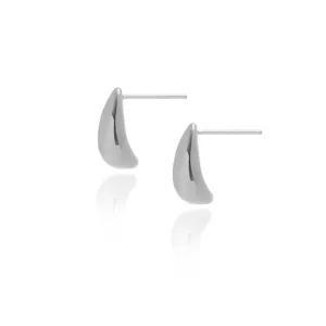 Polished silver teardrop earrings with a sleek minimalist design on a white background