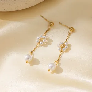 Elegant 18K gold plated stainless steel tassel earrings with white pearls for women