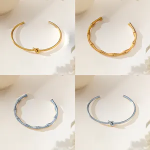 Minimalist Stainless Steel Open Cuff Bangle For Women 18K Gold Plated Knot Bamboo Wheat Twist Pattern Elegant Fashion Jewelry