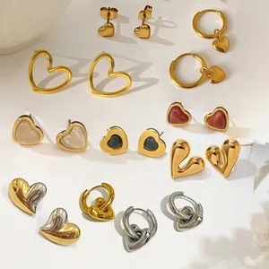 Titanium Steel Heart Stud Hoop Earrings For Women Gold Steel Plated Shell Cat Eye Stone Sweet Fashion Jewelry Gift