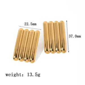 Detail showing 37.0mm height measurements of gold plated rectangular corrugated earrings