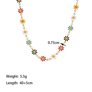 Colorful daisy enamel necklace in titanium steel with gold chain and floral charms