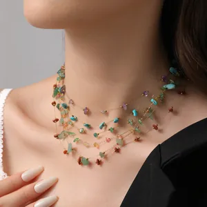 Multilayer gold necklace with colorful natural gemstones shown on a model neck
