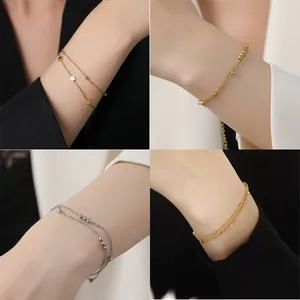 Bracelet Double Couche en Acier Inoxydable avec Étoiles et Perles pour Femmes Or Argent Minimaliste Bijoux Cadeau