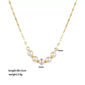 Elegant gold titanium necklace with oval pearl pendant and detailed size specifications