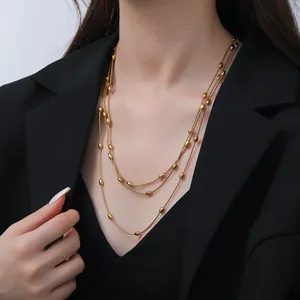 Minimalist Stainless Steel Multi Layer Snake Chain Necklace Bracelet Anklet For Women Gold Silver Oval Bead Stacking Jewelry