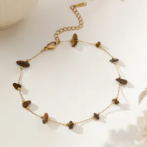 Elegante vergoldete Edelstahlkette mit natürlichen braunen Tigerauge-Steinen für Damen